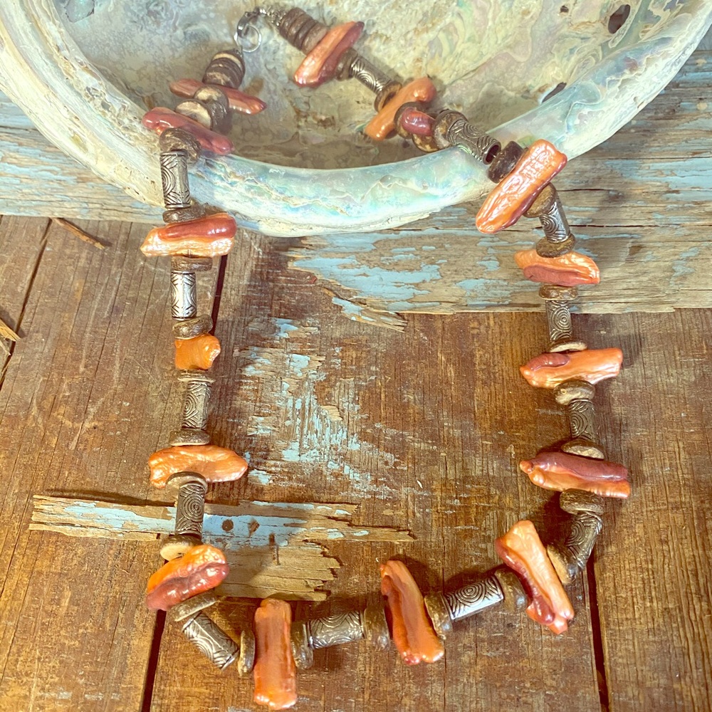 Boho Freshwater Pearl, Wood, Pewter Necklace